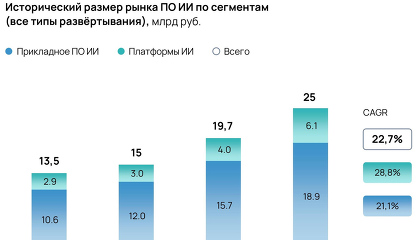 Объем российского рынка ПО для ИИ за год вырос на 27% и достиг 25 млрд рублей. Структура