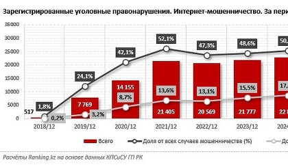 Число уголовных дел в сфере интернет-мошенничества в Казахстане за год выросло на 26% до 28 851