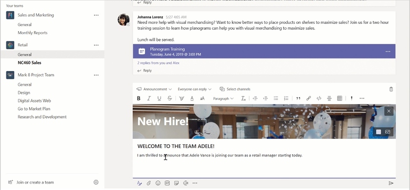 Функция «Объявления» в Microsoft Teams